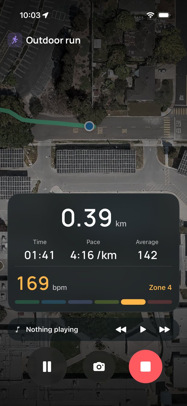 A live run: satellite map, distance, pace and heart rate zone